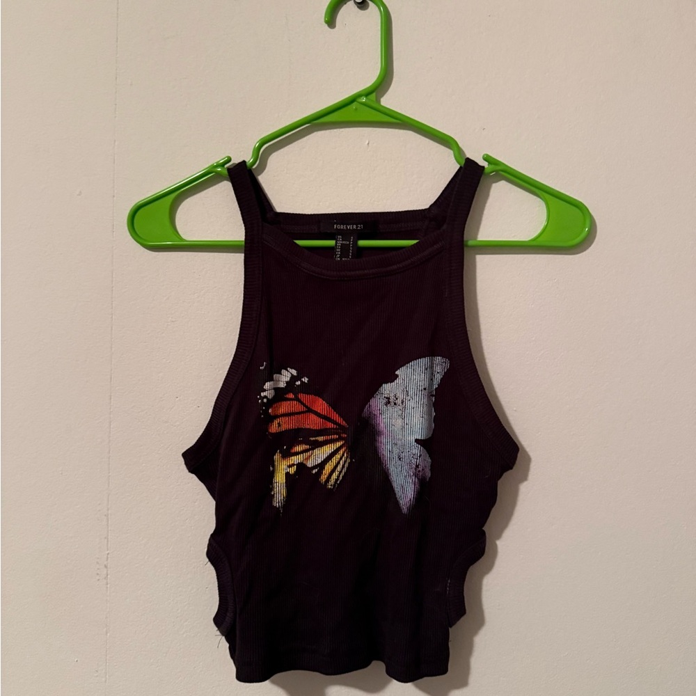 Forever 21 Black Crop Top with Colorful Butterfly
